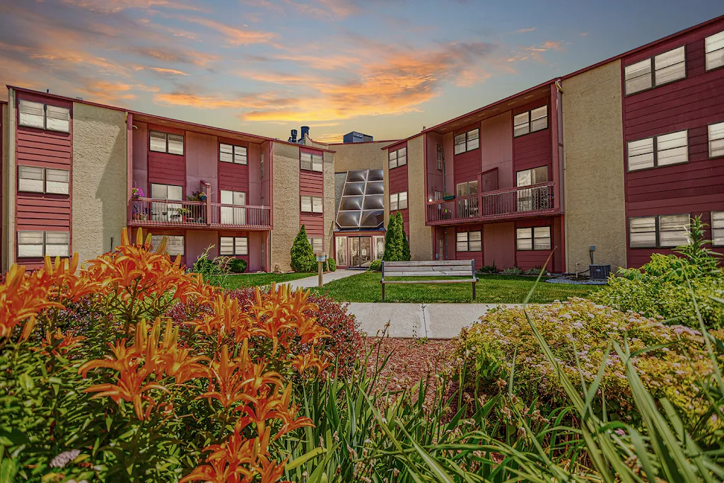 Oak Grove Manor apartment building at dusk