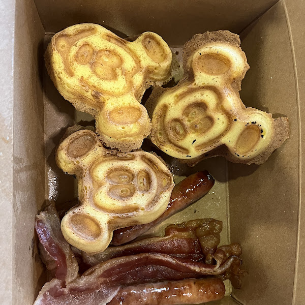 Gluten-free Mickey waffles with bacon and sausage