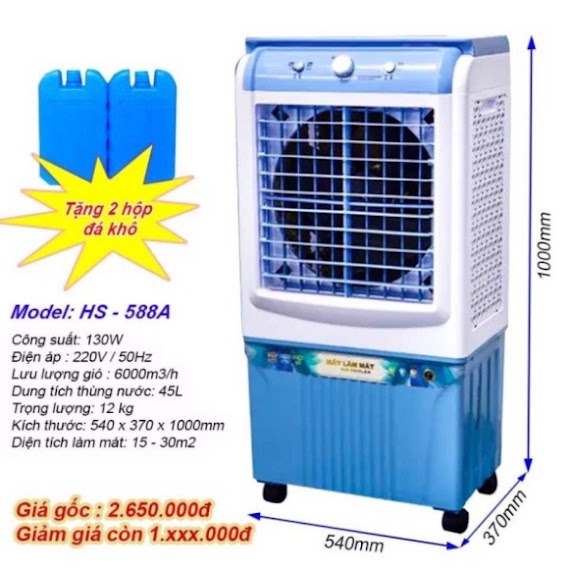 Quạt Điều Hoà Hơi Nước Đủ Size Từ 40L - 120L Hs - 588S + Tặng 2 Đá Khô Có Bánh Xe (Giá Tận Xưởng)