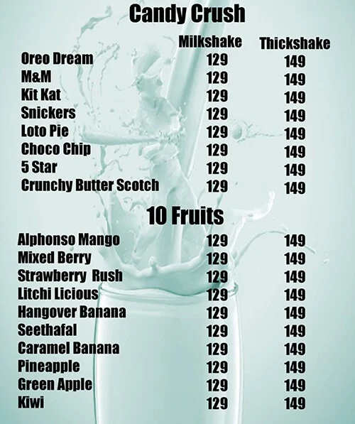 The Milk Shake Theory menu 