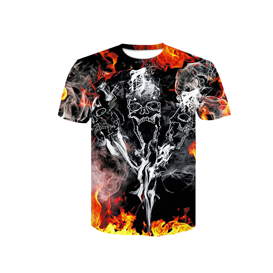 T-shirt estivo europeo e americano con stampa digitale 3D teschio. Girocollo ampio, maniche corte, perfetto per coppie.
