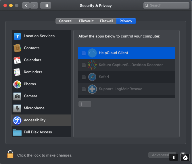 A screenshot of Accessibility settings on a Mac, showing how to allow an app to access the device.