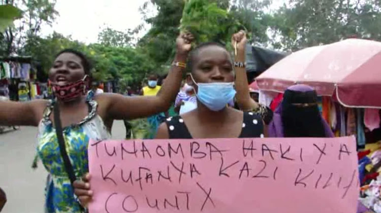 Traders protesting closure of markets in Kilifi town on July 21