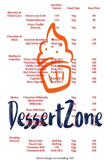 The Dessert Zone menu 