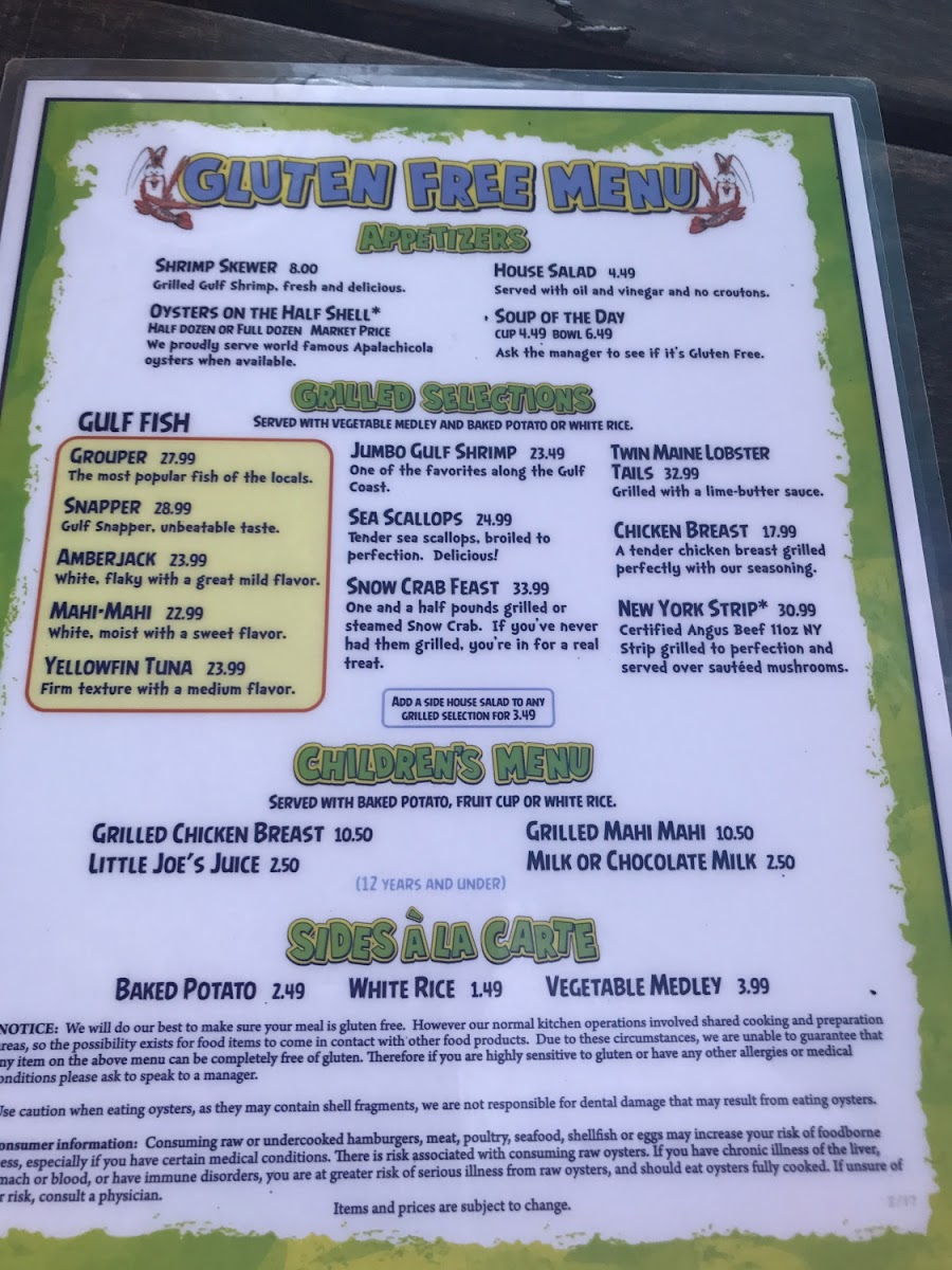 Pompano Joe's gluten-free menu