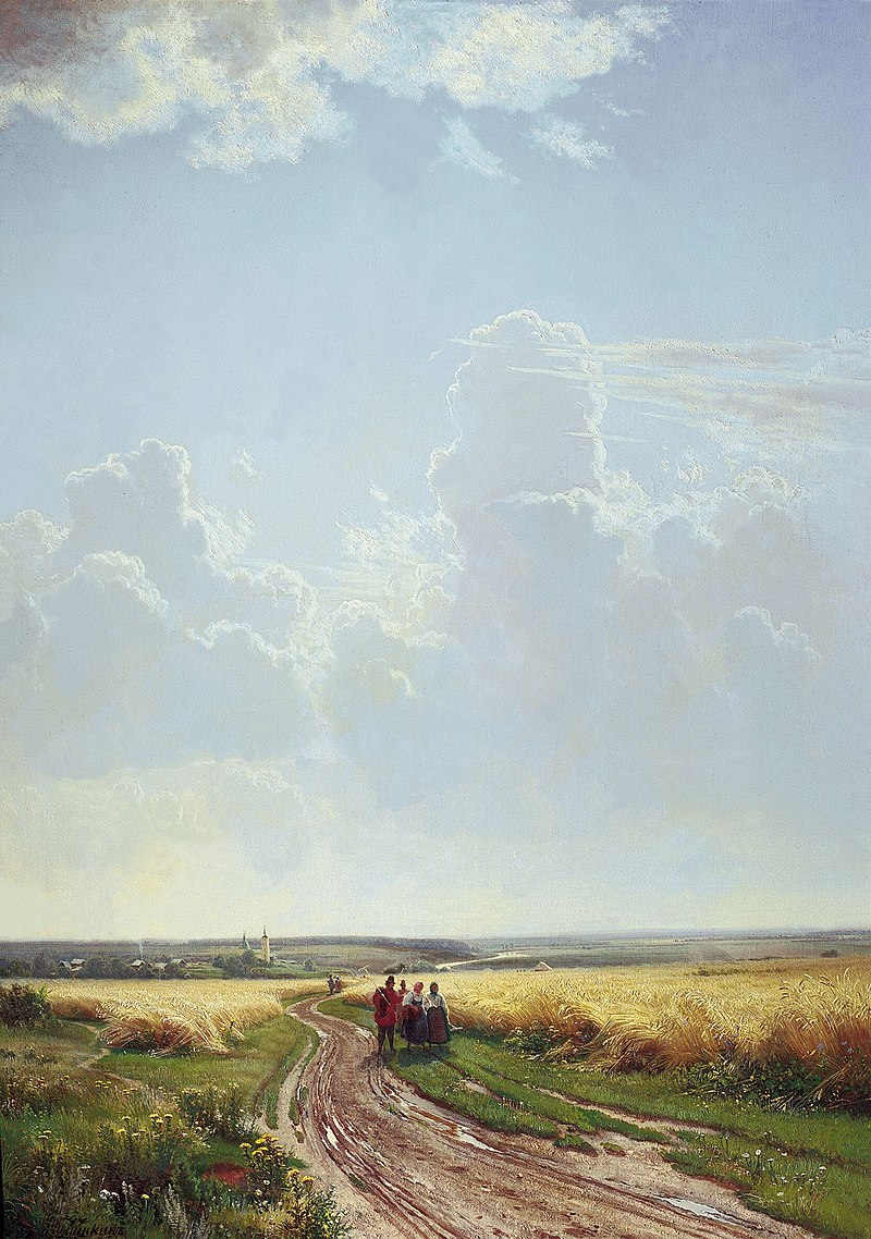 As seen in Noon in the Neighborhoods of Moscow, Ivan Shishkin loved to play with the sunlight and the sky. The sunlight hitting the fields leaves a feeling of vastness and illuminating beauty.