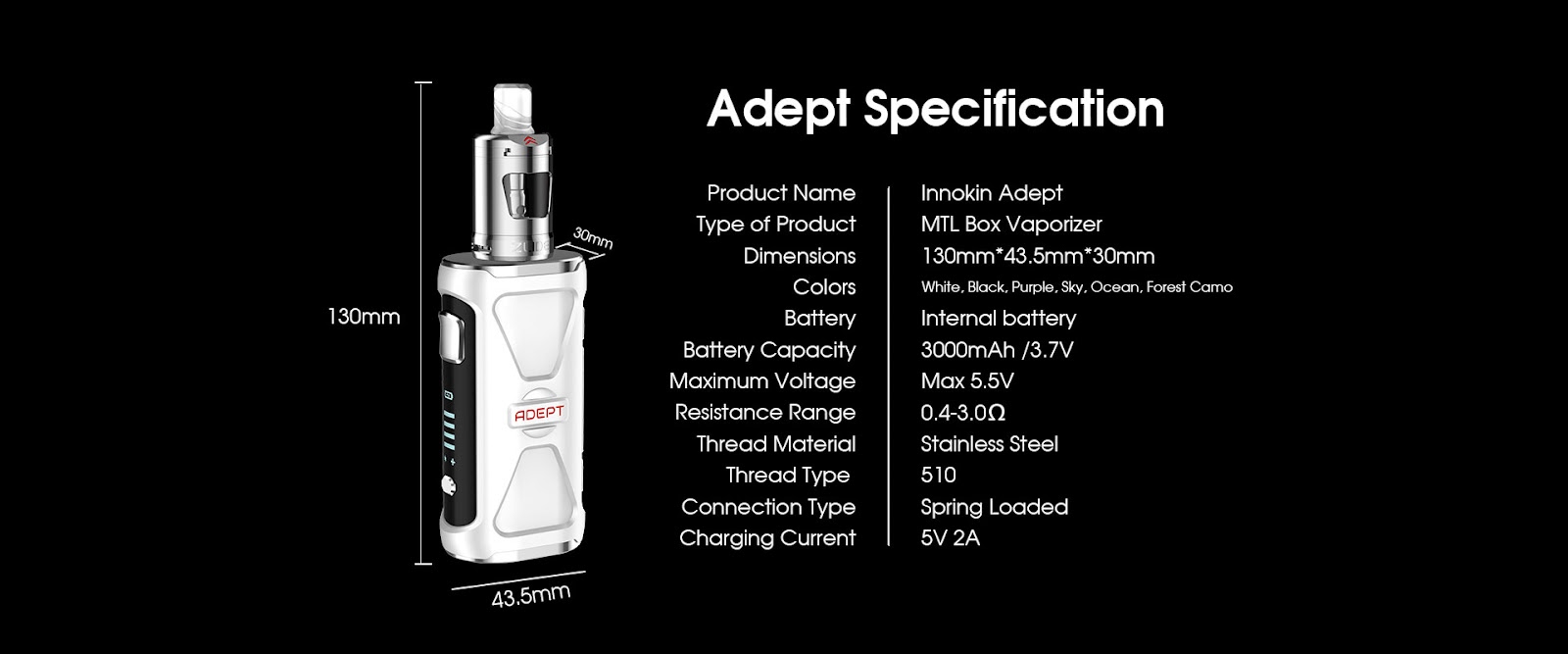 Innokin Adept Zlide Product Specifications