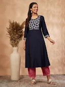 Navy Blue A-Line Kurta