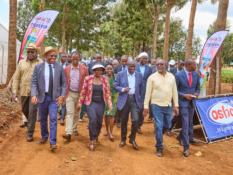 Deputy president Rigathi Gachagua (centre),Cecile Mbarire (Left) and Agriculture cabinet secretary Mithika Linturi (Right) during Embu Livestock, Dairy and Fisheries Exhibition at the Kenya Agricultural and Livestock Research Organisation Grounds in Embu town, Embu County.