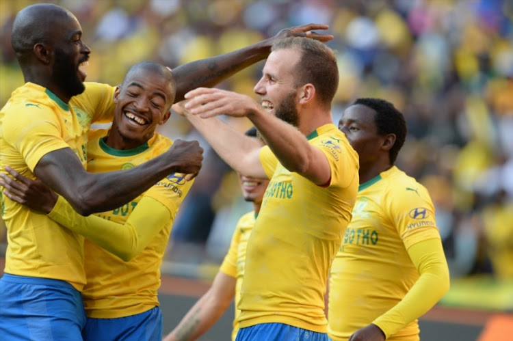 Jeremy Brockie of Mamelodi Sundowns celebrates his first goal in Sundowns colors with teammates during the Shell Helix Ultra Cup match between Kaizer Chiefs and Mamelodi Sundowns at FNB Stadium on July 21, 2018 in Johannesburg, South Africa.