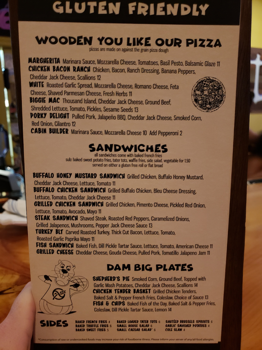 The Thirsty Beaver Hometown Pub & Grub gluten-free menu