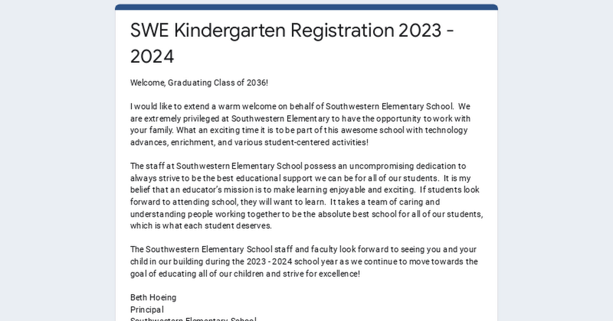 SWE Kindergarten Registration 2023 - 2024