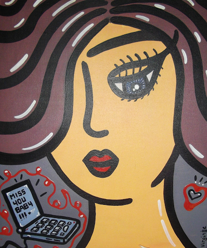 miss you baby, peinture acrylique artiste peintre barre virginie, toile pop, colorée, déco intérieure murale moderne tendance