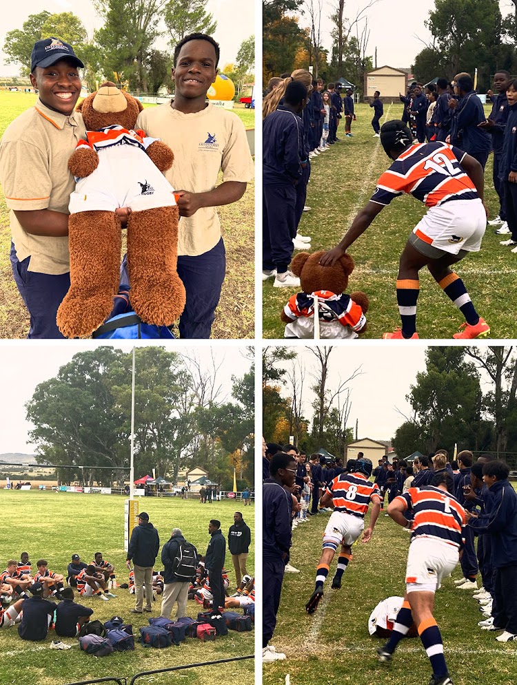 Top, from the left: Qhawe and Qhomani (team captain on the day of the Marlow clash); the teams run onto the field with Qhomani as captain. Bottom, from the left: Team meeting after the defeat; great excitement as the teams run onto the field.