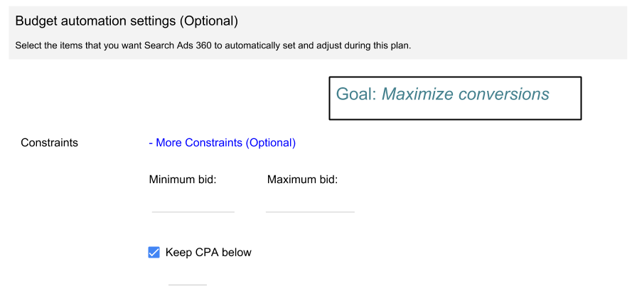 Budget bid strategy settings. Keep CPA below constraint check box 