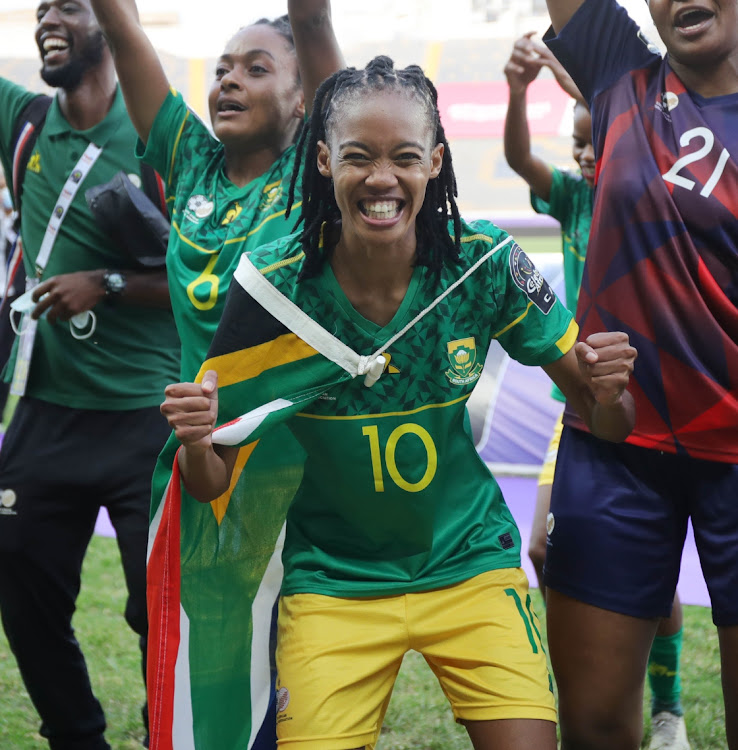 Linda Maserame Motlhalo celebrates during the 2022 Womens Africa Cup of Nations semifinal match between South Africa and Zambia, Casablanca on July 18 2022. Picture: SAMUEL SHIVAMBU/BackpagePix