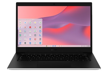 Una vista aérea de un Samsung Galaxy Chromebook Go con la pantalla inclinada hacia atrás para mostrar flexibilidad.