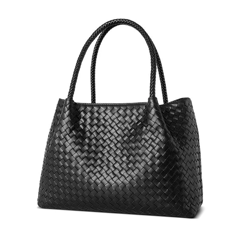 Bolsa feminina de mão em couro bovino de primeira camada, tecida à mão, com design 