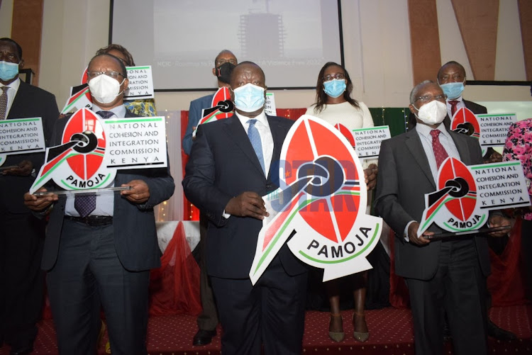 Interior PS Karanja Kibicho, CS Fred Matiangi and NCIC chair Samuel Kobia during the launch of the Roadmap to peaceful elections with the National Council for Integration Commission at the Kenya School of Government on December 9, 2020. / CHARLENE MALWA