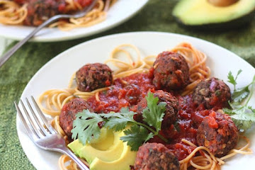 Spicy Southwestern Spaghetti with Avocado & Black Bean Meatballs