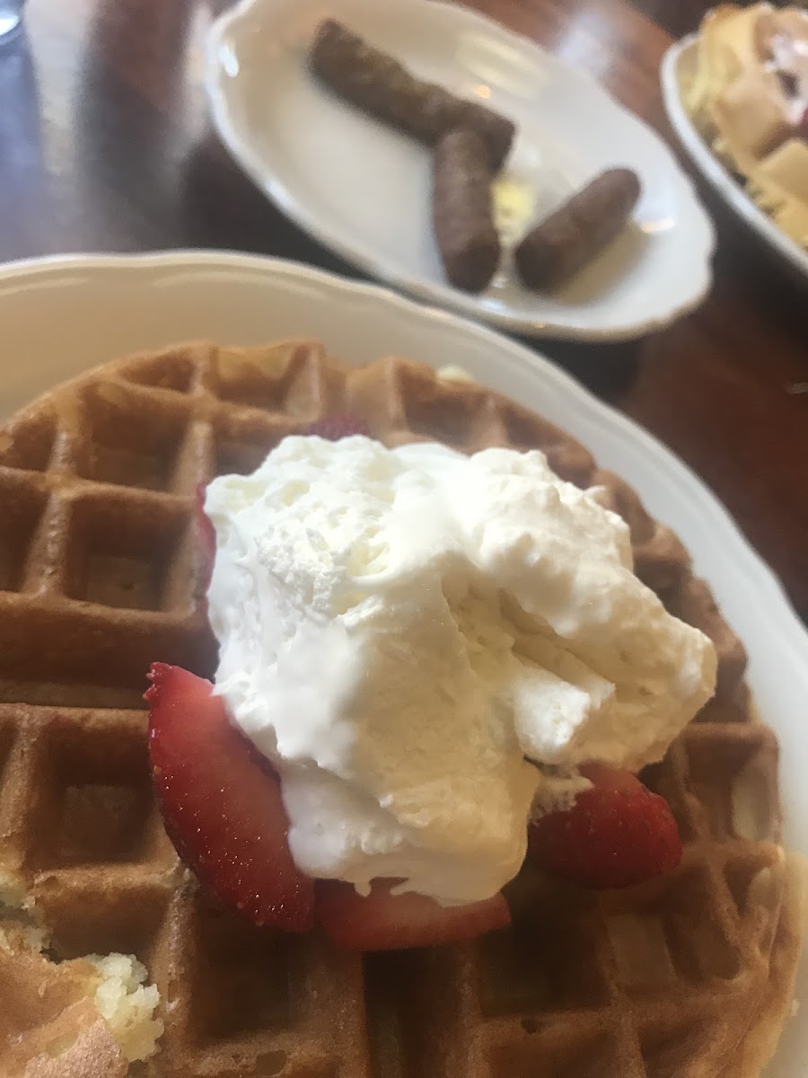 Best gluten free waffle ever.  Slightly crispy hot tender inside. Fresh ripened strawberries real whip cream and tasty strawberry syrup  coffee dark roast hot and fresh