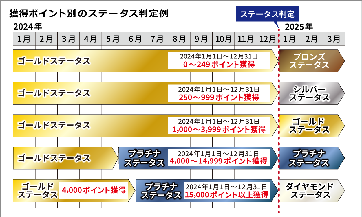 2024 年 1 月 1 日～2024 年 12 月 31 日に貯めた合計ポイント数と 2025 年 1 月 1 日のステータス判定の例