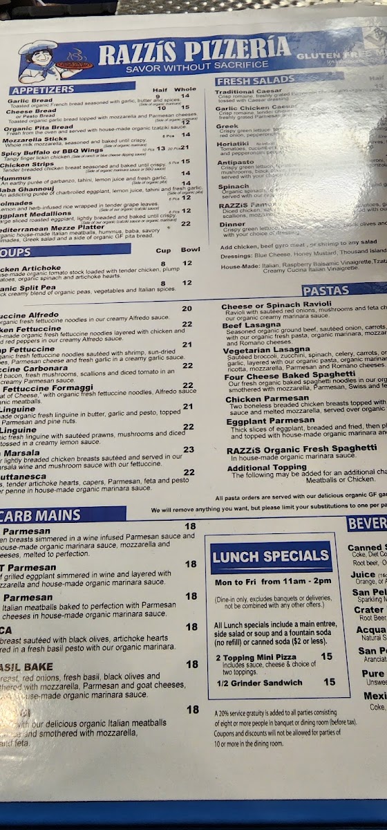 Razzis Pizzeria gluten-free menu