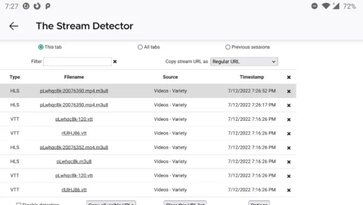 The screen of Stream Detector with media files