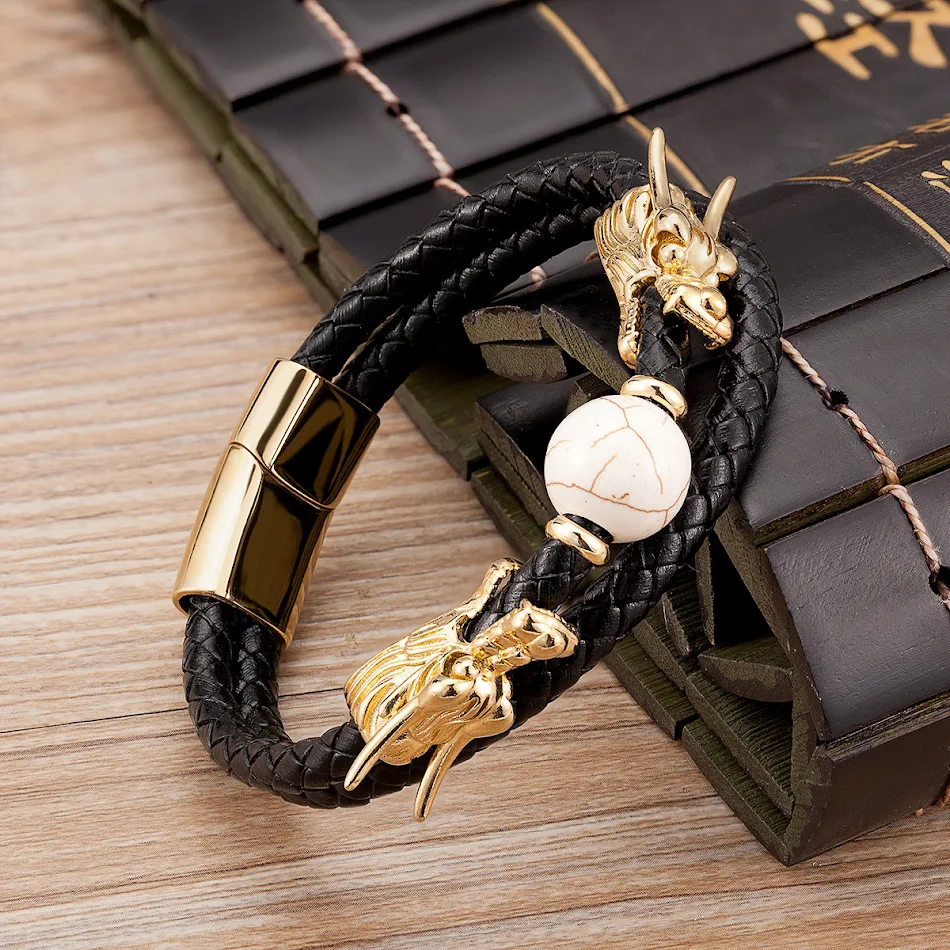 Pulseira Torneira Chinesa Dupla Camada com Cordão de Couro Trançado Design Exclusivo Elegância e Sofisticação Joia Masculina Única