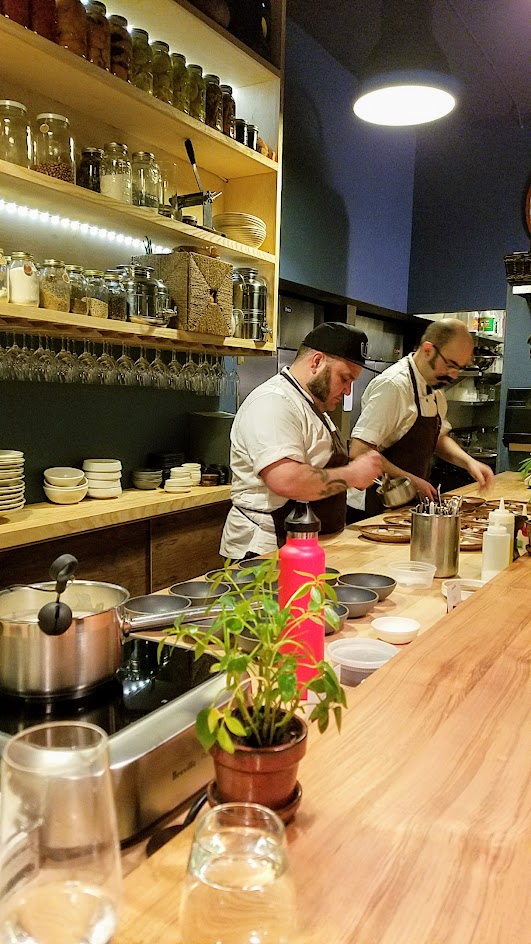 Farm Spirit is very conscientious and thoughtful in creating an experience via the food and the environment to support and celebrate local vendors. This is down to the counter that you are eating upon, the shelves you see before you, and the ceramic dishes you eat from.