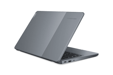 Vista trasera de un Lenovo IdeaPad Slim 3i Chromebook Plus ligeramente abierto.