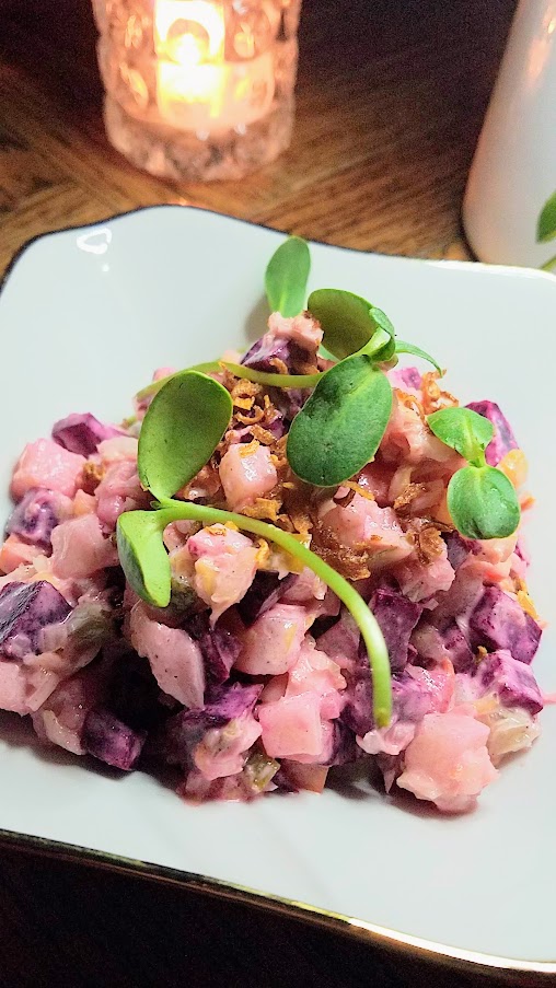 Kachinka for Portland Dining Month 2019, Smoked beets salad with potatoes, pickled carrots and sauerkraut, hard fried onion and sunflower dressing