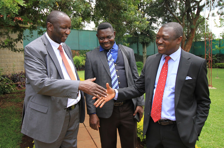 KEBS director for Metrology and Testing Henry Rotich, Legend Natural Beauty product chief executive Shem Grant and Ghania's High Commissioner to Kenya Damptey Bediako Asare during a press conference at the consulate in Runda, Nairobi on Thursday.