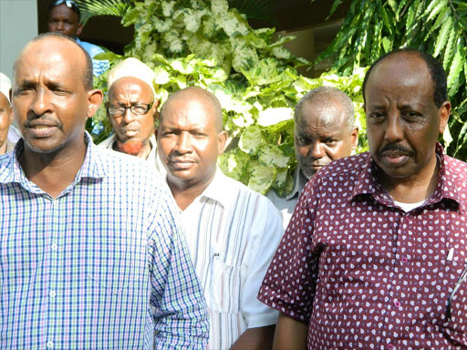 ENDING CLASHES: National Assembly majority leader Aden Duale and Northeastern regional coordinator Mohamud Saleh after a meeting in Garissa town on Monday. Photo/STEPHEN ASTARIKO