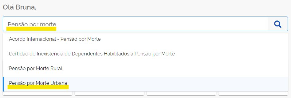 Pensão por morte no buscador do Meu INSS.