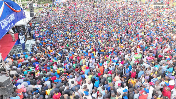 Raila Odinga speaking to the people of Luanda at Mumboha Stadium on Wednesday, May 25, 2022 during Azimio's campaign rally.