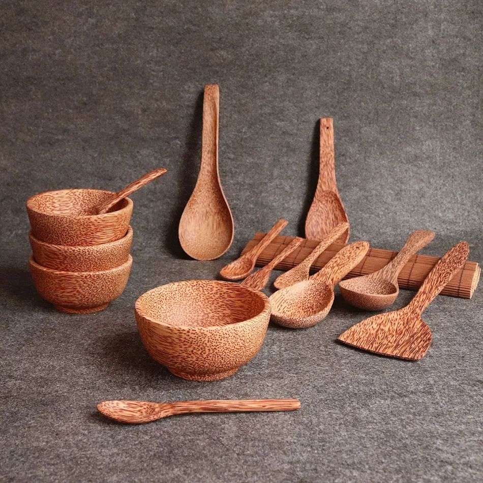 Kokosnootschaal met lepel Thuis Snijwerk Houten artefact Geniet van maaltijden in stijl met deze natuurlijke en duurzame set