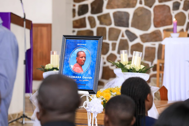 Casket with the remains of coach Gervais Hakizimana during the requiem mass ahead of burial on February 21, 2024.