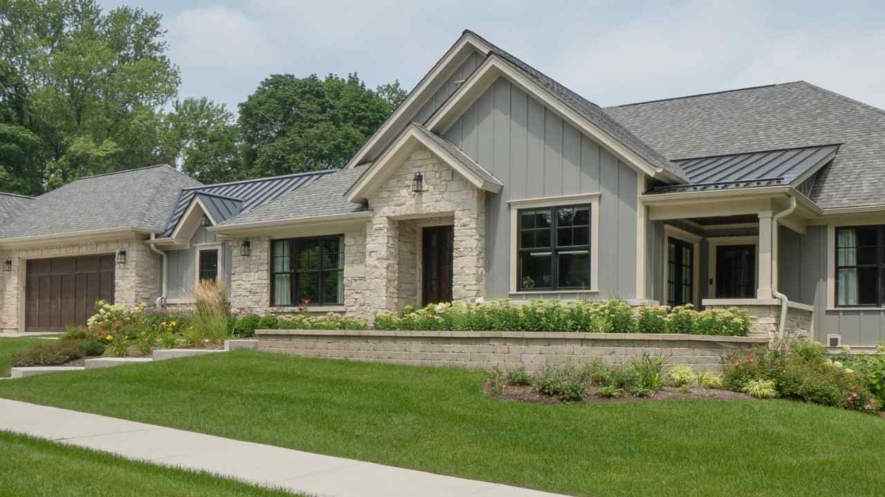 Home exterior featuring gray cedar plank siding and flagstone. Large Marvin windows and a tiered landscape.