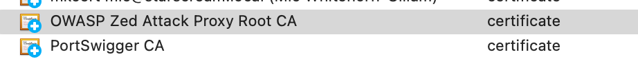 Keychain certificate list entry showing a Trusted icon next to OWASP Zed Attack Proxy Root CA.