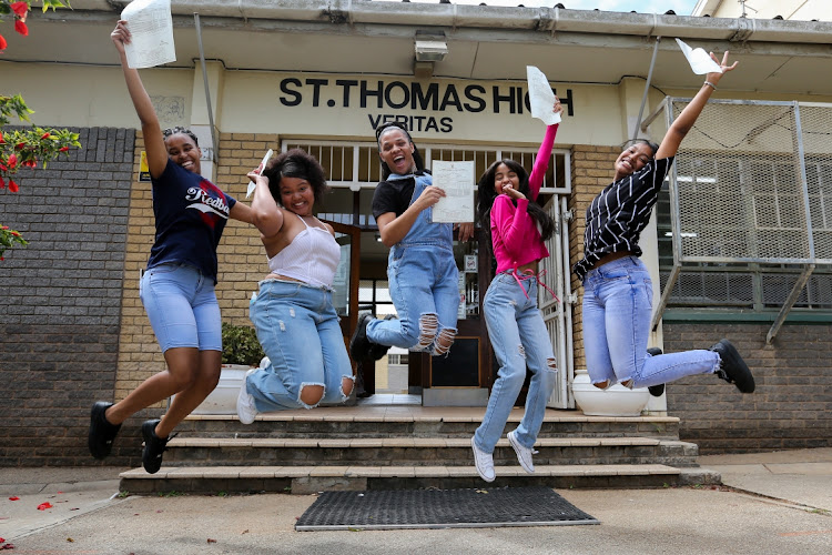 St Thomas High School pupils Melanie Smith, 19, Chloe Geldenhuys,18, Raven Kiewiets,19, Tamzin Furst, 17, and Amber Brown, 18, celebrate after receiving their matric results.