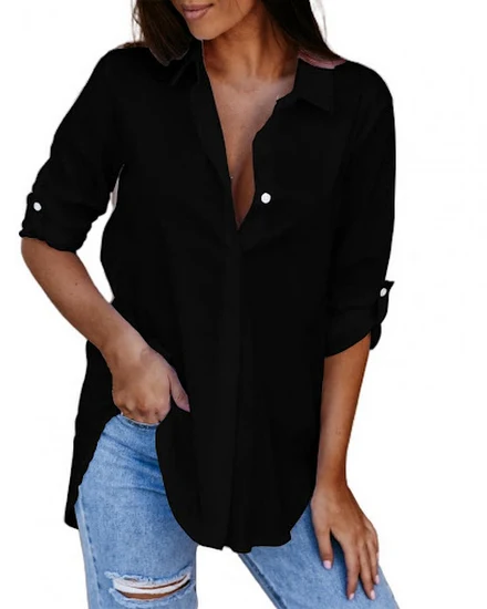 Autumn Oversize Women Shirt Long Sleeve Solid Color V Nec... - 0