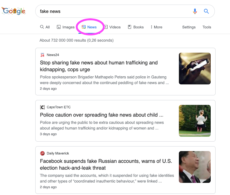 Enter your Google search and click on News to see whether a topic has been covered by mainstream media