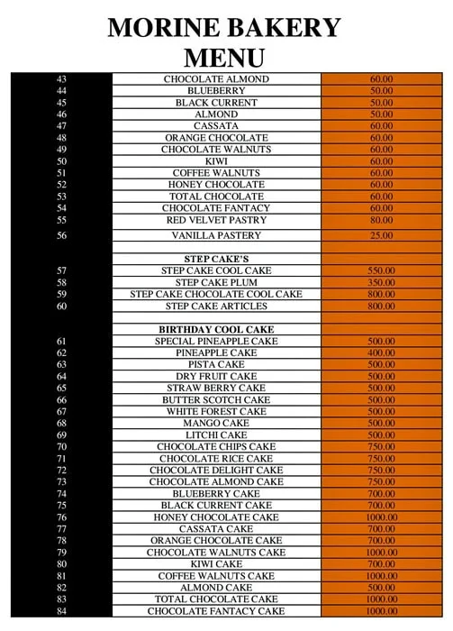 Morine Bakers menu 