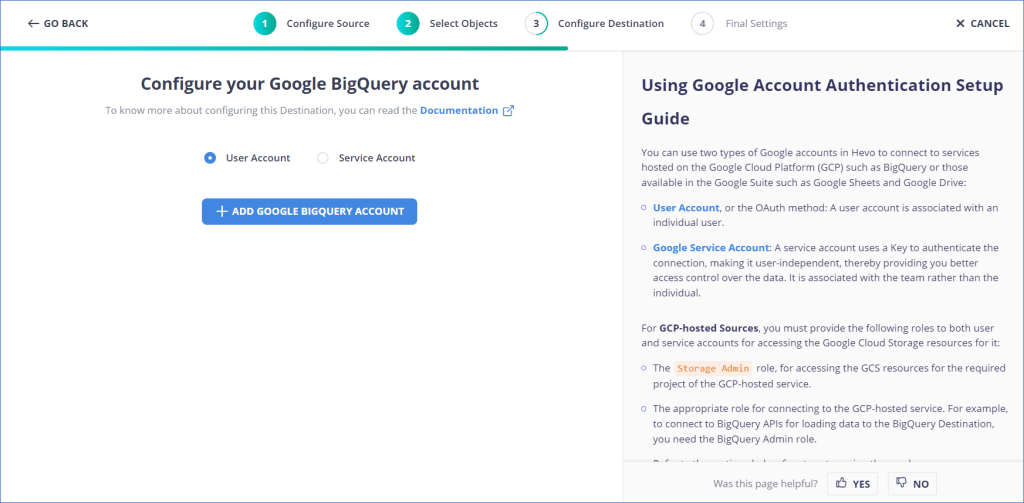 Heroku for PostgreSQL to BigQuery: Configure BigQuery as a Destination using Google Authentication