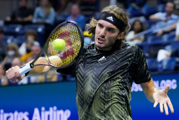 Stefanos Tsitsipas of Greece returns to Adrian Mannarino of France on day three of the US Open at USTA Billie King National Tennis Center in New York on September 1, 2021