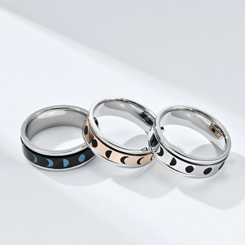 Bague rotative en acier titane Éclipse solaire totale anti-anxiété. Réduit l'anxiété, le stress. Design élégant et apaisant.