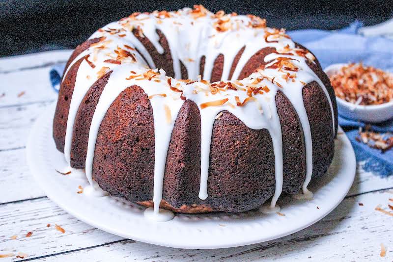 Texas Coconut Pound Cake With A Glaze On Top.