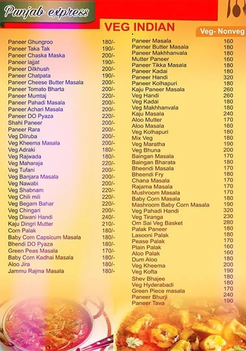 Punjab Express menu 