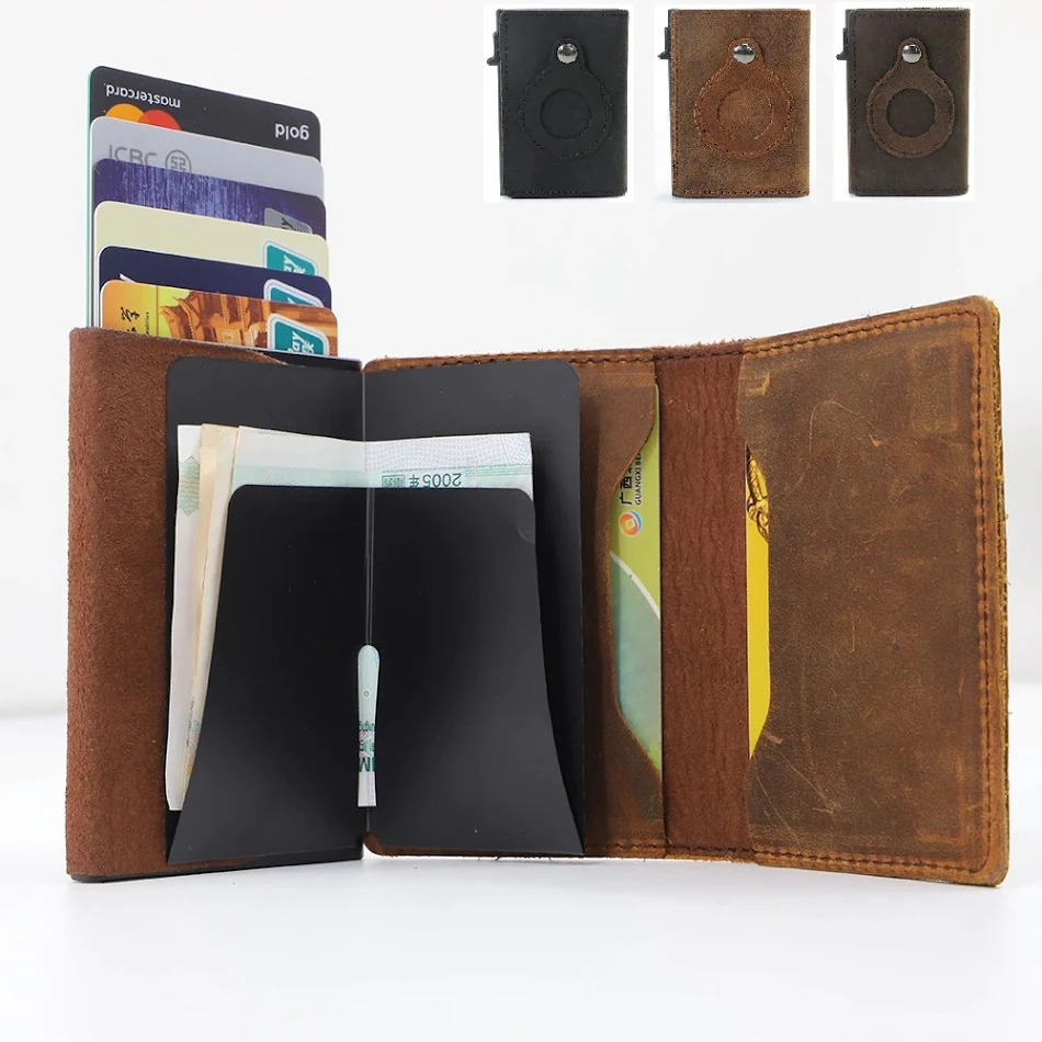 Monedero Minimalista para Hombre con AirTag, Tarjetero de Cuero Genuino Premium y Protección RFID Delgado